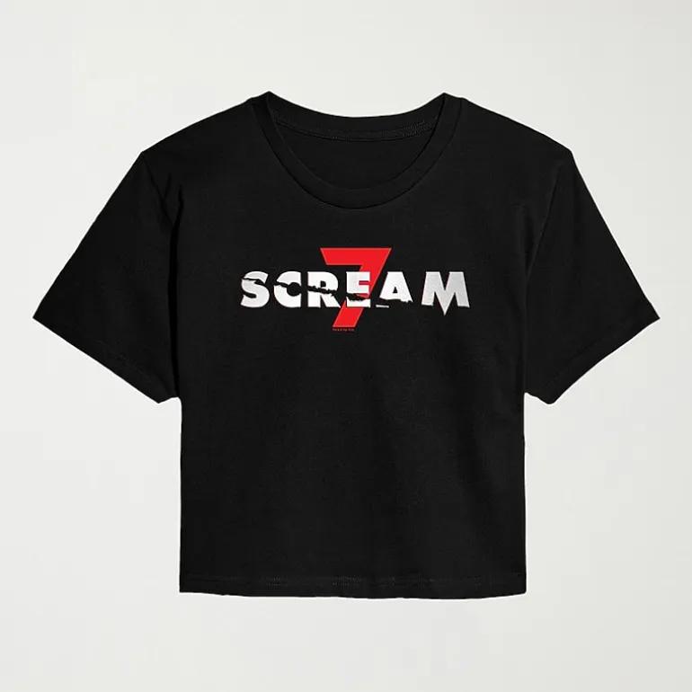 Scream 7 Logo Cropped Womens Juniors Crew Neck Short Sleeve Classic Fit Graphic T-Shirt