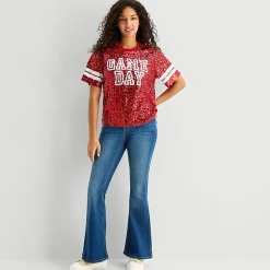 Sequin Top Womens Juniors Crew Neck Short Sleeve Regular Fit Graphic T-Shirt