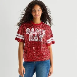 Sequin Top Womens Juniors Crew Neck Short Sleeve Regular Fit Graphic T-Shirt
