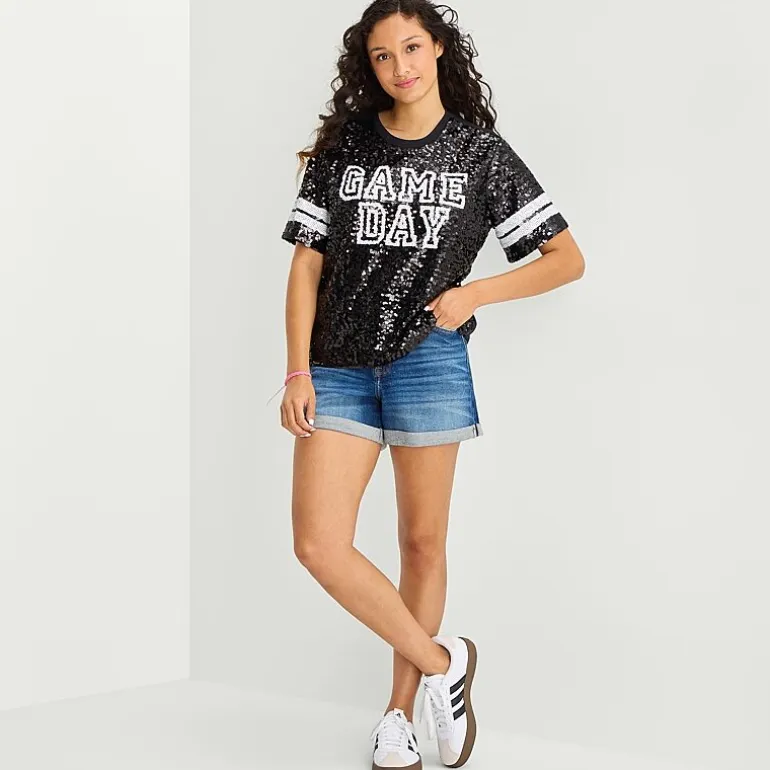 Sequin Top Womens Juniors Crew Neck Short Sleeve Regular Fit Graphic T-Shirt