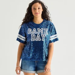 Sequin Top Womens Juniors Crew Neck Short Sleeve Regular Fit Graphic T-Shirt
