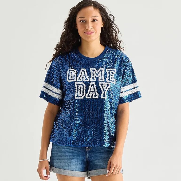 Sequin Top Womens Juniors Crew Neck Short Sleeve Regular Fit Graphic T-Shirt