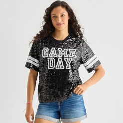 Sequin Top Womens Juniors Crew Neck Short Sleeve Regular Fit Graphic T-Shirt
