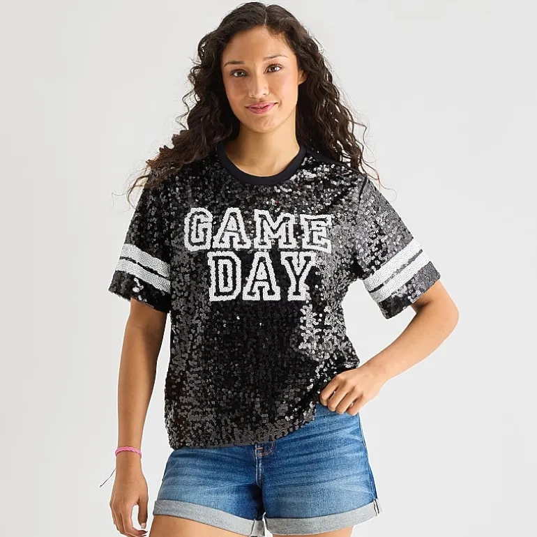 Sequin Top Womens Juniors Crew Neck Short Sleeve Regular Fit Graphic T-Shirt