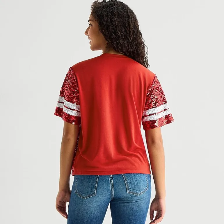 Sequin Top Womens Juniors Crew Neck Short Sleeve Regular Fit Graphic T-Shirt