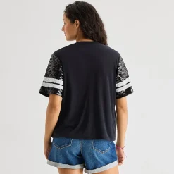 Sequin Top Womens Juniors Crew Neck Short Sleeve Regular Fit Graphic T-Shirt