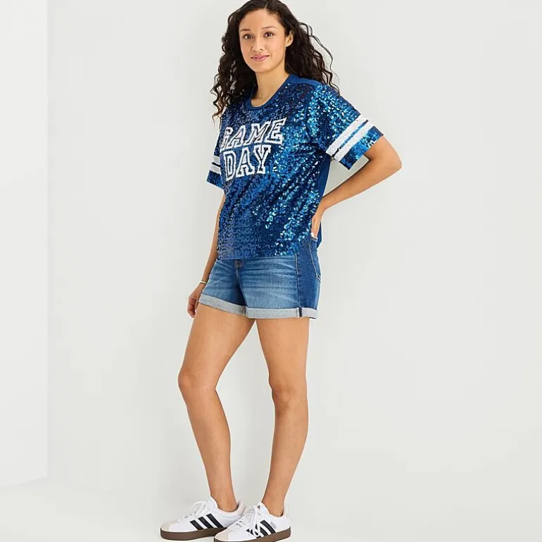Sequin Top Womens Juniors Crew Neck Short Sleeve Regular Fit Graphic T-Shirt