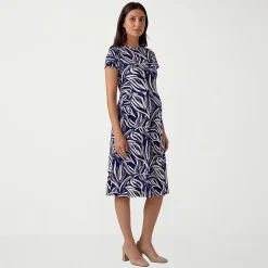 24seven Comfort Apparel Maternity Womens Maternity Midi Boat Neck Short Sleeve Abstract Fit + Flare Dress