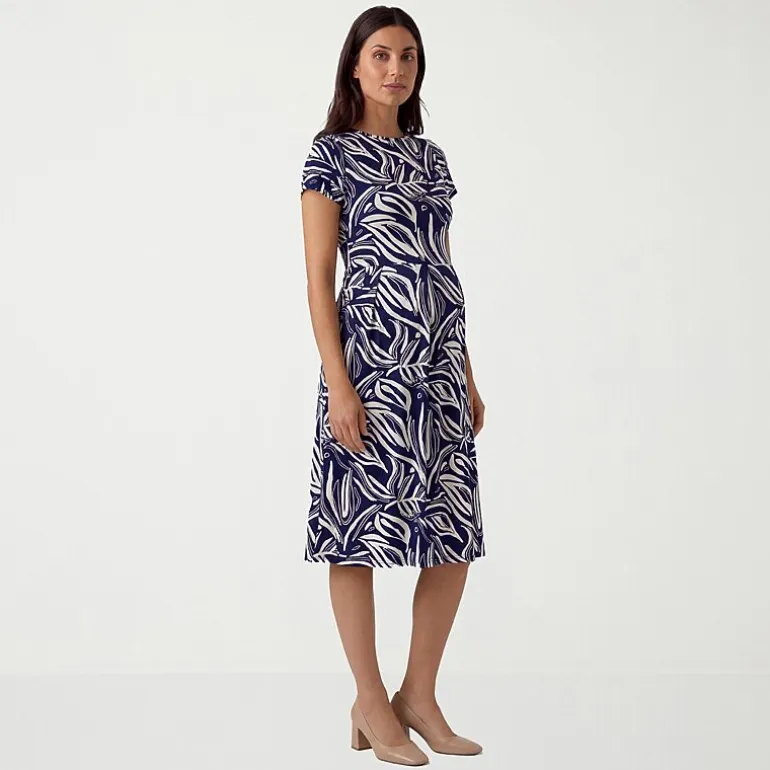 24seven Comfort Apparel Maternity Womens Maternity Midi Boat Neck Short Sleeve Abstract Fit + Flare Dress