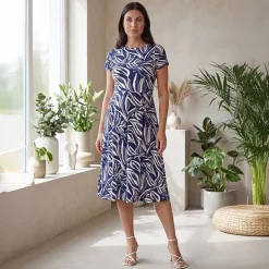 24seven Comfort Apparel Maternity Womens Maternity Midi Boat Neck Short Sleeve Abstract Fit + Flare Dress
