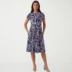24seven Comfort Apparel Maternity Womens Maternity Midi Boat Neck Short Sleeve Abstract Fit + Flare Dress