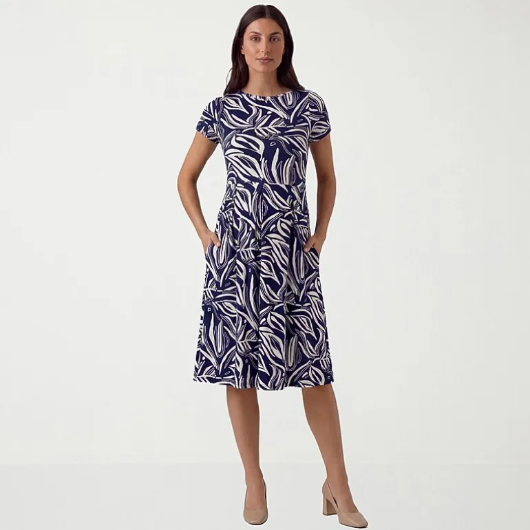 24seven Comfort Apparel Maternity Womens Maternity Midi Boat Neck Short Sleeve Abstract Fit + Flare Dress