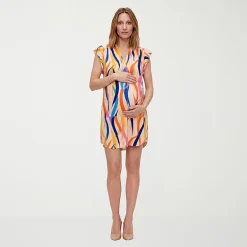 24seven Comfort Apparel Maternity Womens Maternity V Neck Short Sleeve Abstract Shift Dress