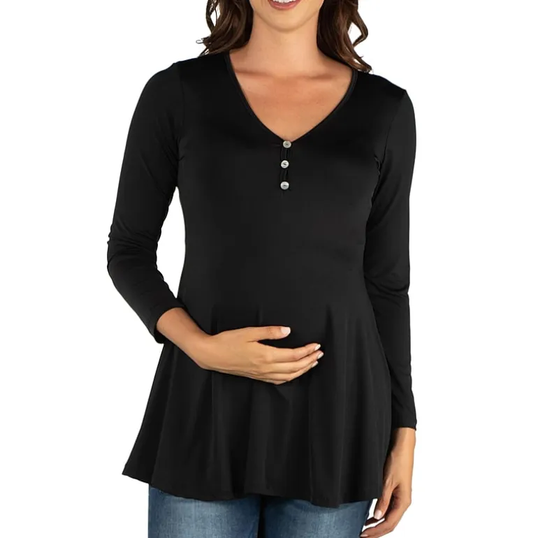 24seven Comfort Apparel Maternity Womens Henley Neck Long Sleeve Tunic Top