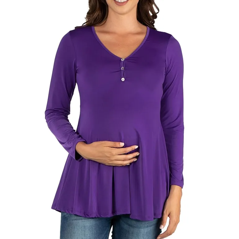 24seven Comfort Apparel Maternity Womens Henley Neck Long Sleeve Tunic Top