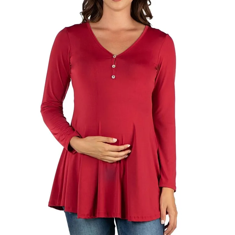 24seven Comfort Apparel Maternity Womens Henley Neck Long Sleeve Tunic Top