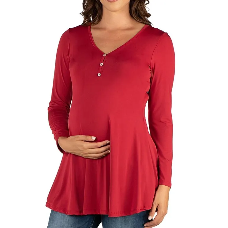 24seven Comfort Apparel Maternity Womens Henley Neck Long Sleeve Tunic Top