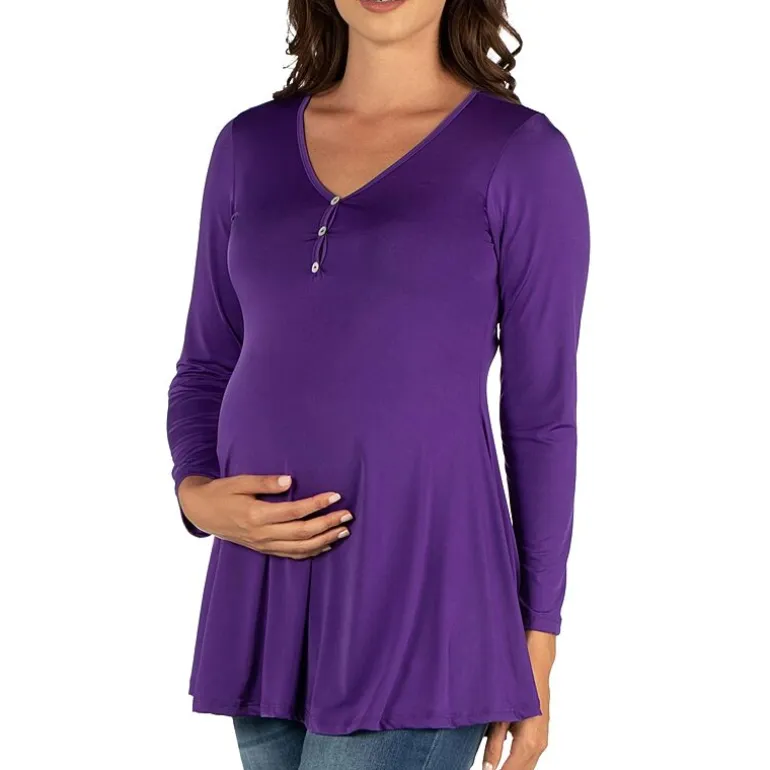 24seven Comfort Apparel Maternity Womens Henley Neck Long Sleeve Tunic Top