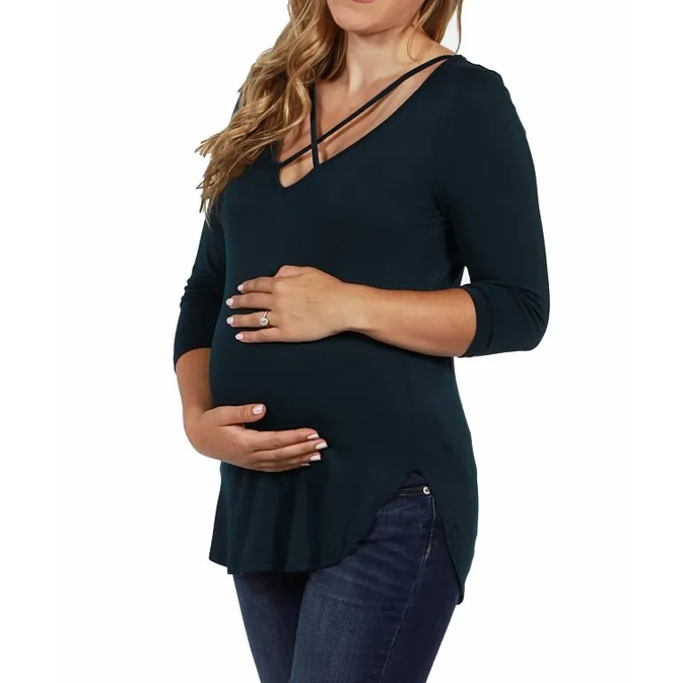 24seven Comfort Apparel Maternity Womens V Neck 3/4 Sleeve Tunic Top