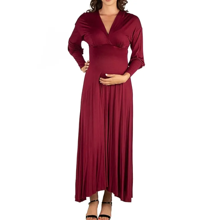 24seven Comfort Apparel Womens Maternity V Neck Long Sleeve Maxi Dress
