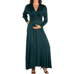 24seven Comfort Apparel Womens Maternity V Neck Long Sleeve Maxi Dress