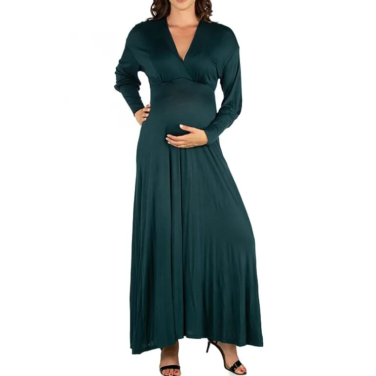 24seven Comfort Apparel Womens Maternity V Neck Long Sleeve Maxi Dress