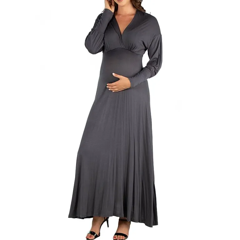 24seven Comfort Apparel Womens Maternity V Neck Long Sleeve Maxi Dress