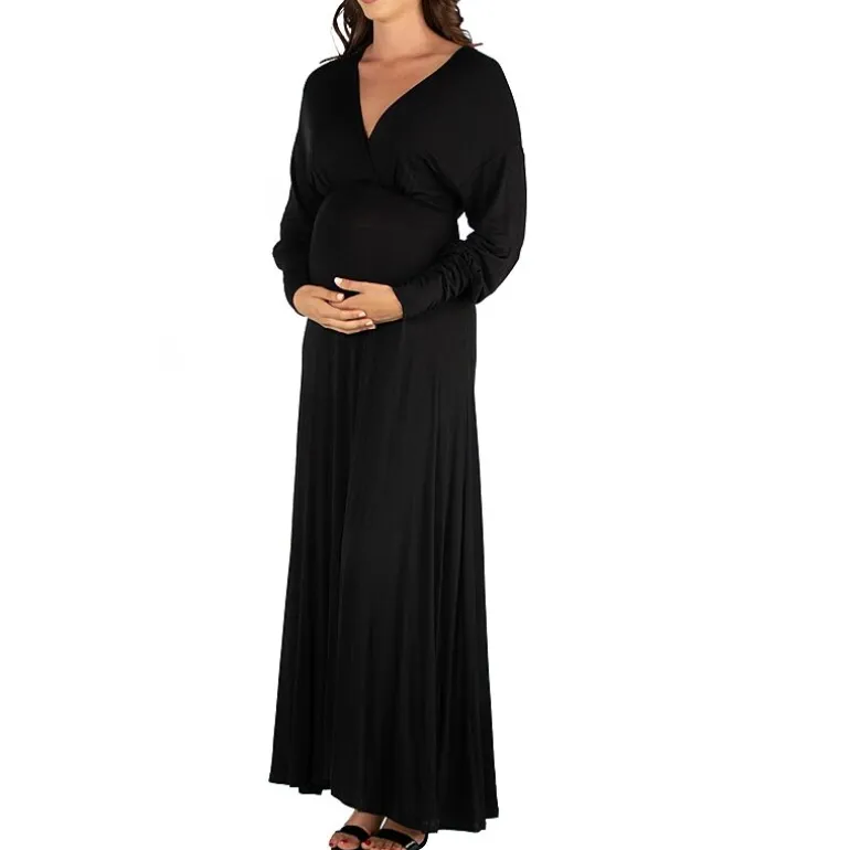 24seven Comfort Apparel Womens Maternity V Neck Long Sleeve Maxi Dress