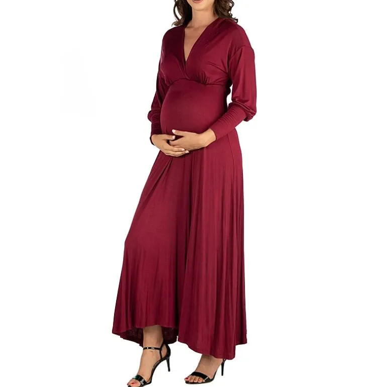 24seven Comfort Apparel Womens Maternity V Neck Long Sleeve Maxi Dress