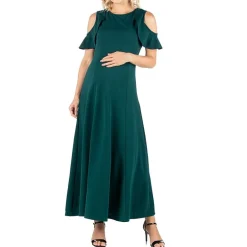 24seven Comfort Apparel Womens Maternity Crew Neck Short Sleeve Cold Shoulder Maxi Dress