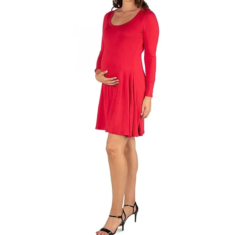 24seven Comfort Apparel Womens Maternity Scoop Neck Long Sleeve A-Line Dress
