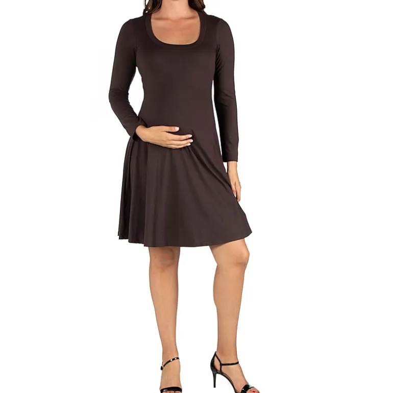 24seven Comfort Apparel Womens Maternity Scoop Neck Long Sleeve A-Line Dress