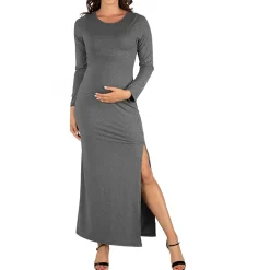 24seven Comfort Apparel Womens Maternity Round Neck Long Sleeve Maxi Dress