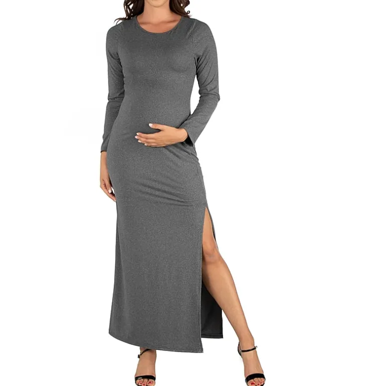 24seven Comfort Apparel Womens Maternity Round Neck Long Sleeve Maxi Dress
