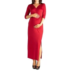 24seven Comfort Apparel Womens Maternity V Neck 3/4 Sleeve Maxi Dress