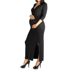 24seven Comfort Apparel Womens Maternity V Neck 3/4 Sleeve Maxi Dress
