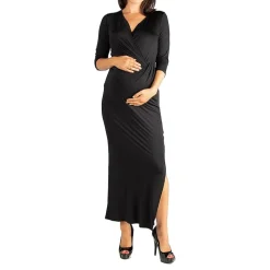 24seven Comfort Apparel Womens Maternity V Neck 3/4 Sleeve Maxi Dress