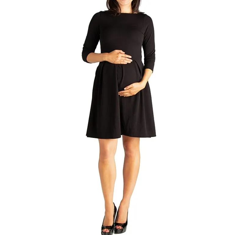 24seven Comfort Apparel Womens Maternity Boat Neck 3/4 Sleeve Fit + Flare Dress