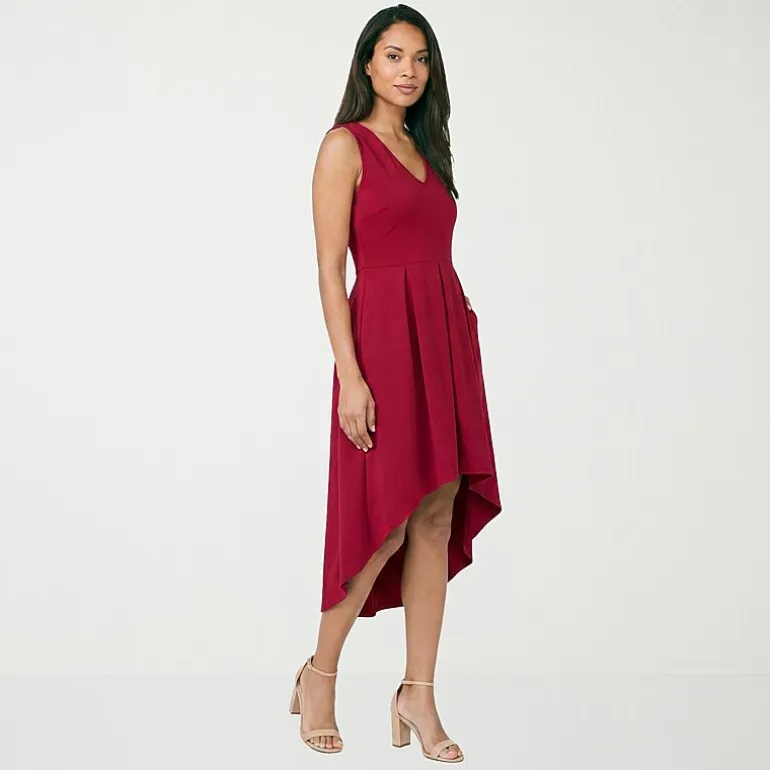 24seven Comfort Apparel Womens Midi V Neck Sleeveless Fit + Flare Dress