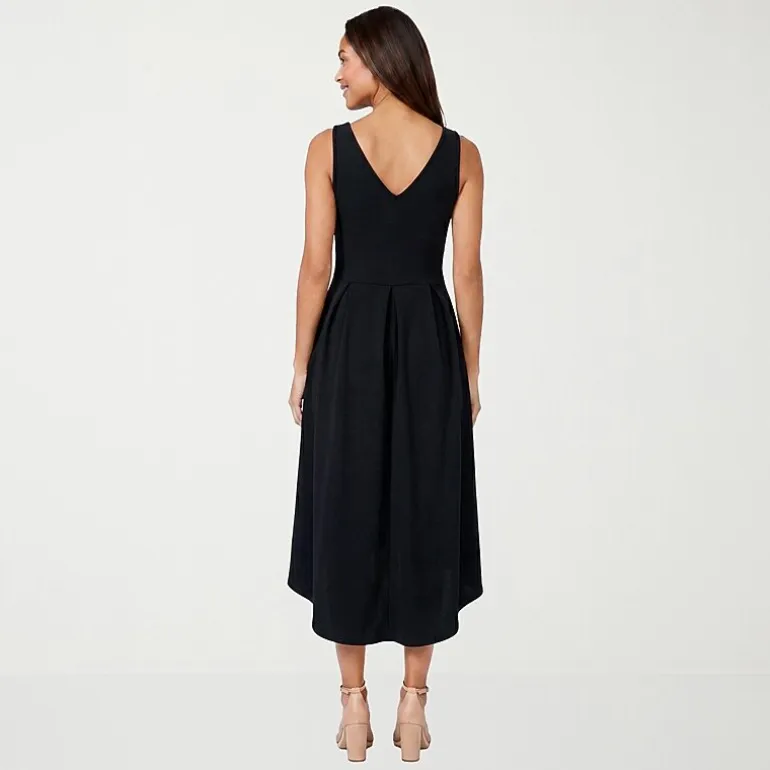 24seven Comfort Apparel Womens Midi V Neck Sleeveless Fit + Flare Dress