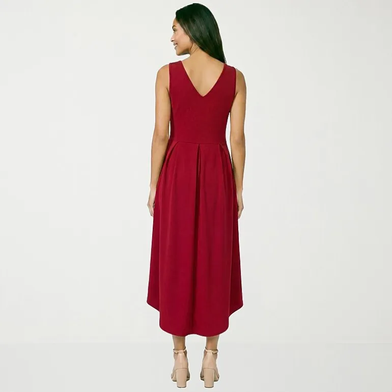 24seven Comfort Apparel Womens Midi V Neck Sleeveless Fit + Flare Dress