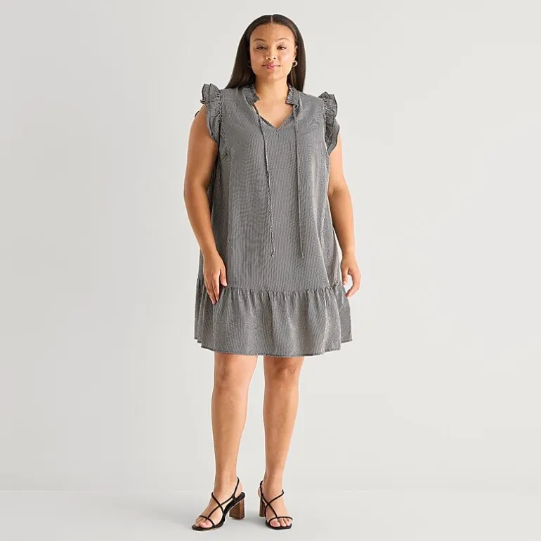 52seven Womens Plus Round Neck Sleeveless Striped Shift Dress