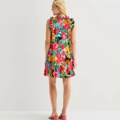 52seven Womens Split Tie Neck Sleeveless Floral Shift Dress