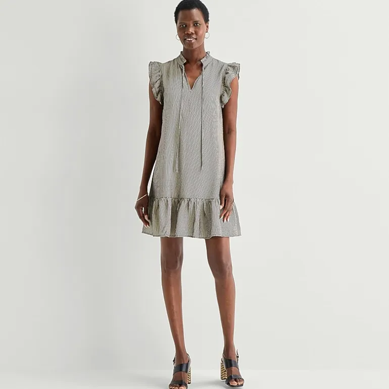 52seven Womens Split Tie Neck Sleeveless Striped Shift Dress