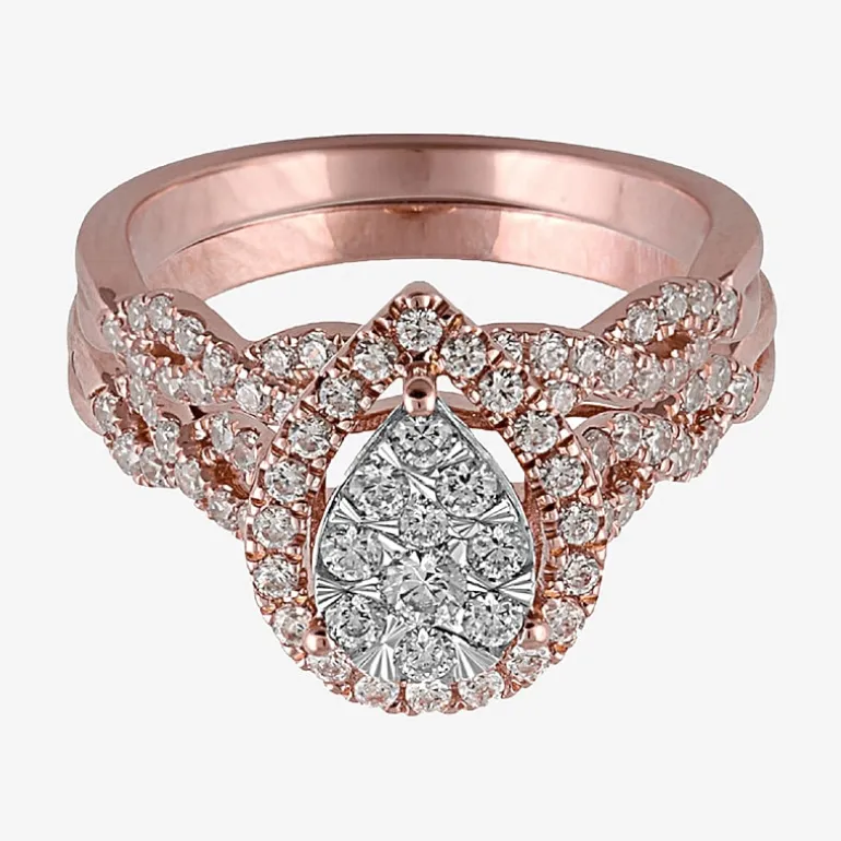 Signature By Modern Bride 1 CT.T.W. Natural Diamond Pear Shape Side Stone Halo Bridal Set in 10K or 14K Gold