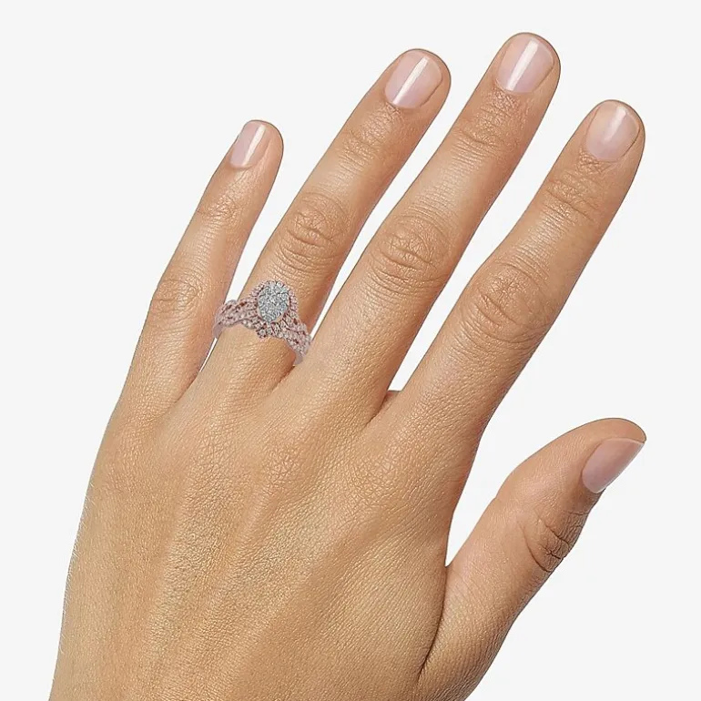 Signature By Modern Bride 1 CT.T.W. Natural Diamond Pear Shape Side Stone Halo Bridal Set in 10K or 14K Gold