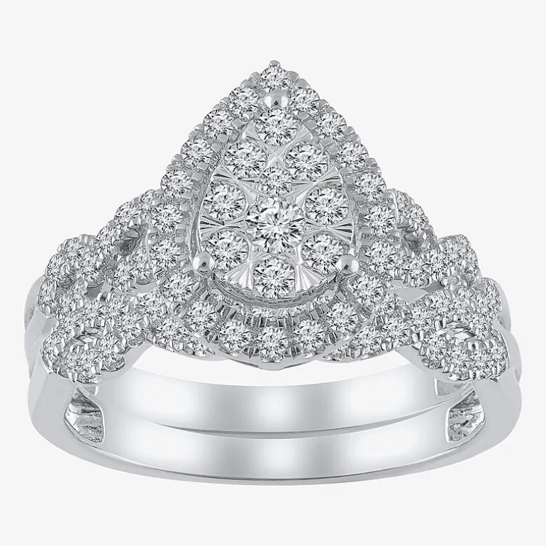 Signature By Modern Bride 1 CT.T.W. Natural Diamond Pear Shape Side Stone Halo Bridal Set in 10K or 14K Gold