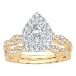 Signature By Modern Bride 1 CT.T.W. Natural Diamond Pear Shape Side Stone Halo Bridal Set in 10K or 14K Gold