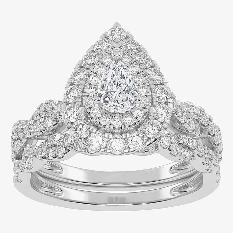 Signature By Modern Bride 1 CT.T.W. Natural Diamond Pear Shape Side Stone Halo Bridal Set in 10K or 14K Gold