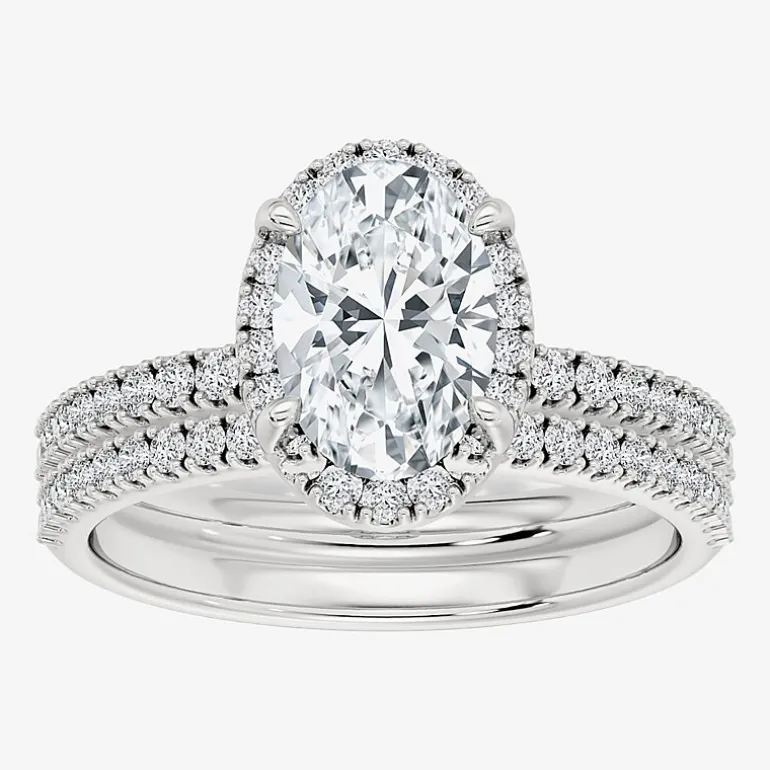 Signature By Modern Bride (F / Vs2) Womens 3 3/4 CT. T.W. Lab Grown White Diamond 10K Gold Oval Side Stone Halo Bridal Set